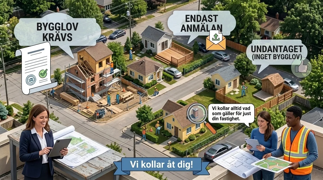Illustration av ett bostadsområde där pratbubblor visar vilka åtgärder som kräver bygglov, vilka som bara kräver anmälan och vilka som är undantagna
