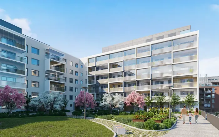 3D-visualisering. Exteriör: flerbostadshus kring en planterad gård
