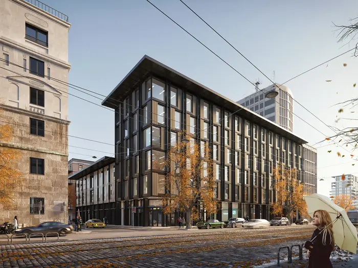 3D-visualisering. Exteriör: kontorshus i höstmiljö
