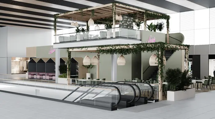 3D-visualisering. Interiör: galleria med restaurangdäck