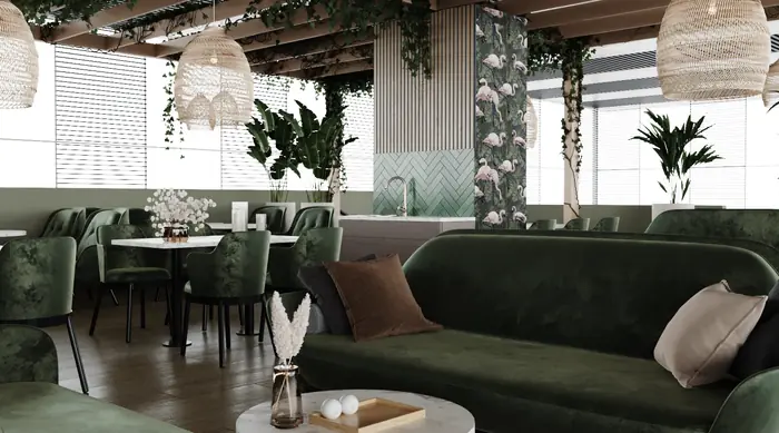 3D-visualisering. Interiör: restaurang med gröna sammetsmöbler