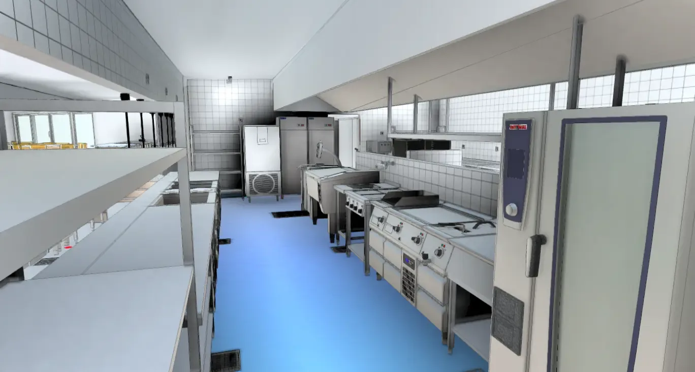 3D-modell av samma storkök med arbetsbänkar, spis, kokgryta, kombiugn och kylar