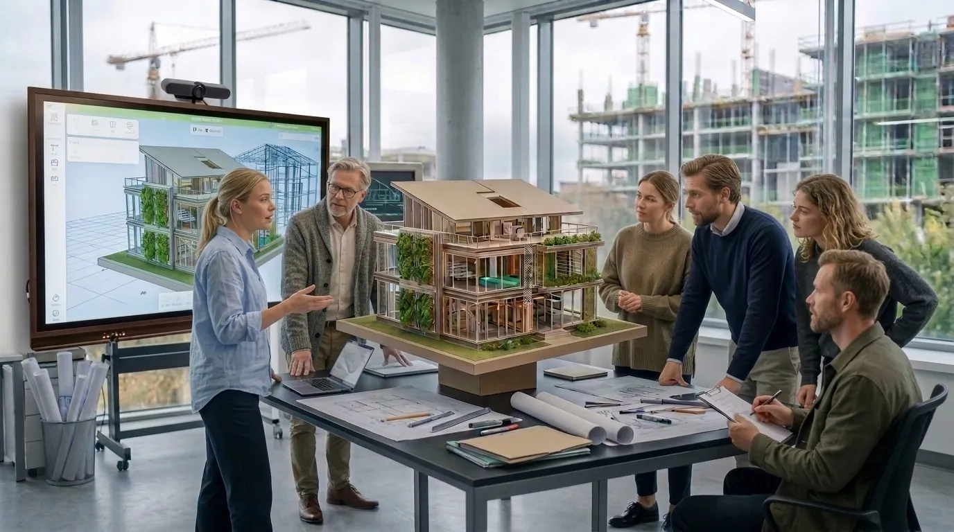 Projektgrupp samlad kring en modell av ett flerbostadshus med BIM-modellen på skärmen bakom