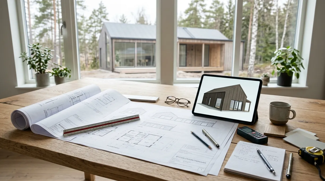 Bygglovsritningar med planritning och fasader på ett ritbord, med en 3D-modell av huset i en surfplatta
