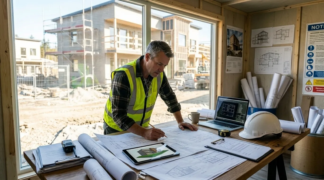 Platschef i varselväst går igenom ritningar i bodkontoret med bygget av flerbostadshus utanför fönstret