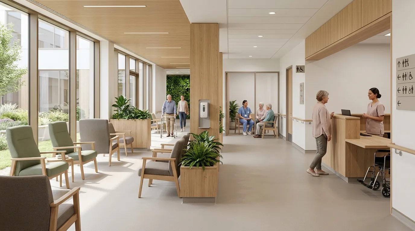 Visualisering av en korridor i en vårdbyggnad med väntplatser vid fönstren och en reception