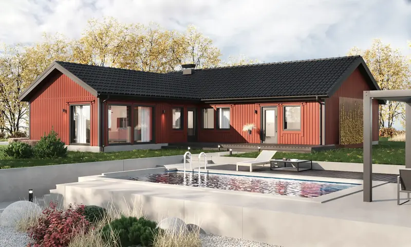 3D-visualisering av enplanshuset Laxå 150 med röd träfasad, svart sadeltak och pool